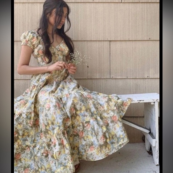 New! DANIELLE BERNSTEIN 3X Floral smocked Midi Dress in Multicolor Pastels. - Picture 5 of 12